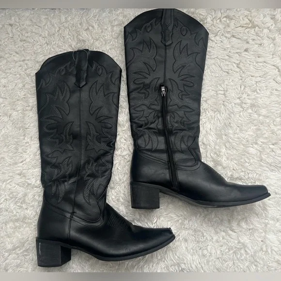 Black Western Embroidered Knee High Cowboy Boots Pointed Toe Festival Boots - Picture 6 of 16